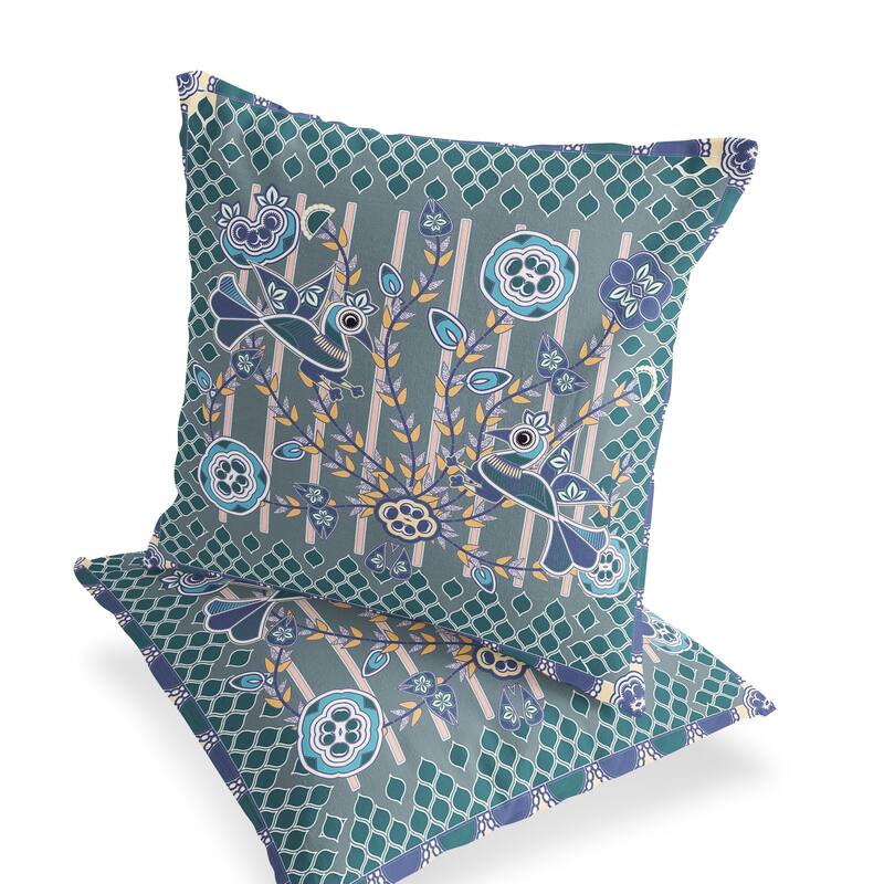 HomeRoots Set of Two 16" X 16" Blue and Gray Peacock Blown Seam Floral Indoor Outdoor Throw Pillow - 16.00' X '16.00' X '5.00
