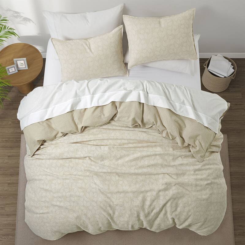 Floral Jacquard Cotton Linen Blend Duvet Cover Set, Bedding Set with Pillowcases