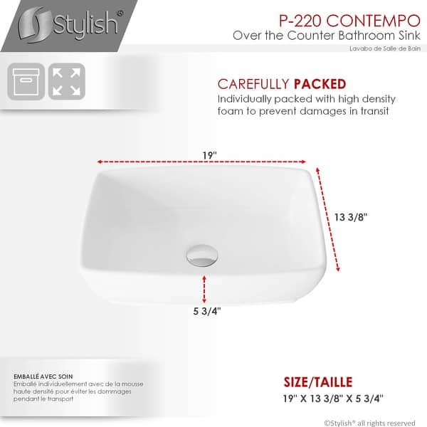 STYLISH 19 inch White Rectangular Porcelain Vessel Bathroom Sink - 19" x 13 3/8" x 5 3/4"