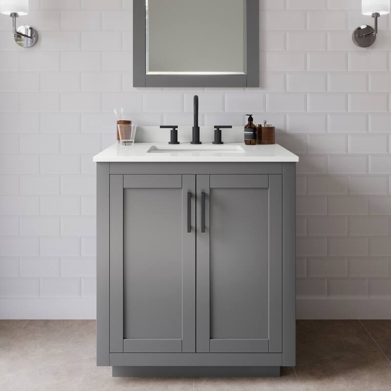 Wyndham Collection WCF292930S-QTZ-US3M24 Miranda 30" Free Standing - Dark Gray / White Quartz Top / Matte Black