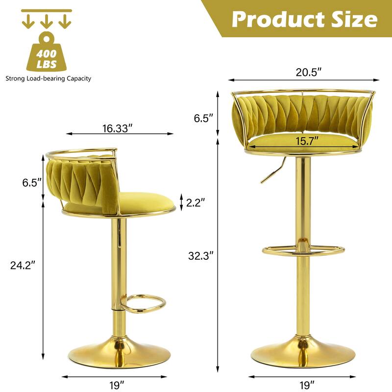 4 Set Velvet Adjustable Swivel Bar Stools With Backs