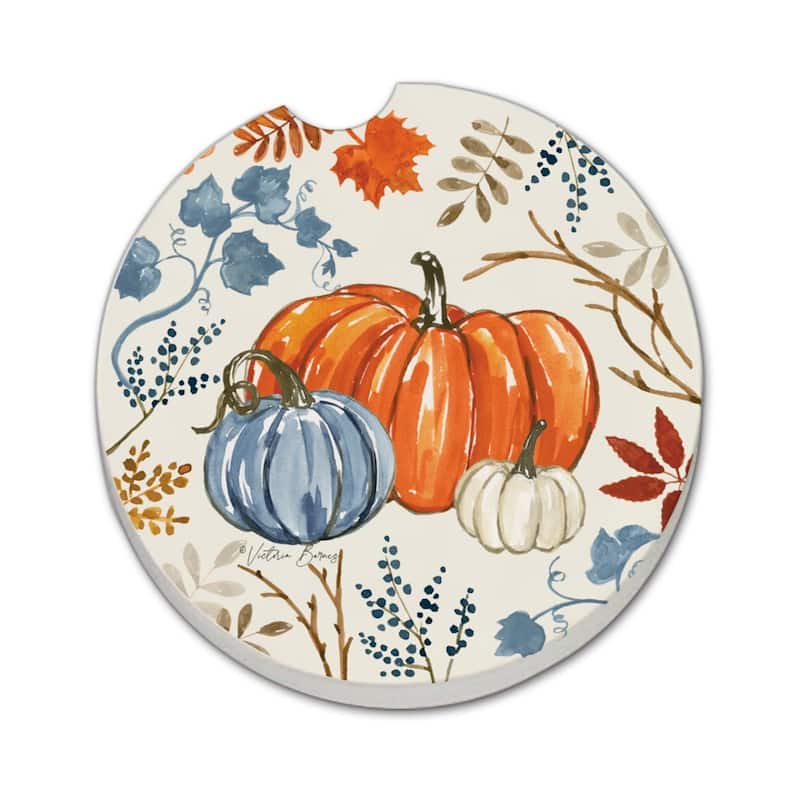 Autumn Pumpkins 2 Pack Absorbent Stone Coaster for Vehicle Cup Holder 2.6” Diameter Manufactured in The USA - Multi