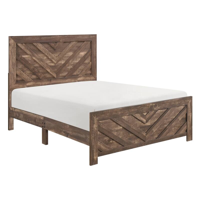 Queen Size Wood Panel Bed with V-Pattern Headboard and Contemporary Farmhouse Style