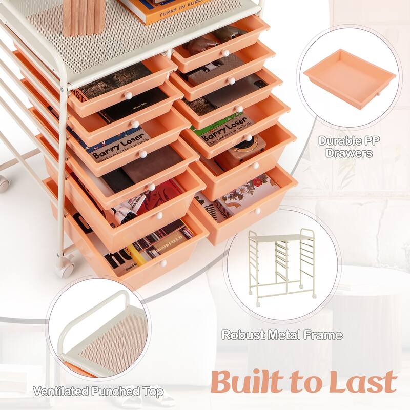 Gymax 12-Drawer Rolling Storage Cart w/ 2 Sizes Plastic Drawers Skin