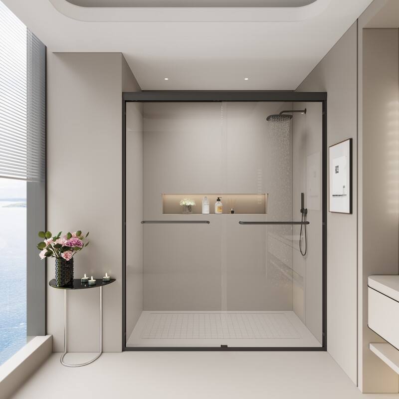 ABRUZZO 56-60" W x 72" H Semi-Frameless Double Sliding Tempered Glass Shower Door with Dual Towel Bars