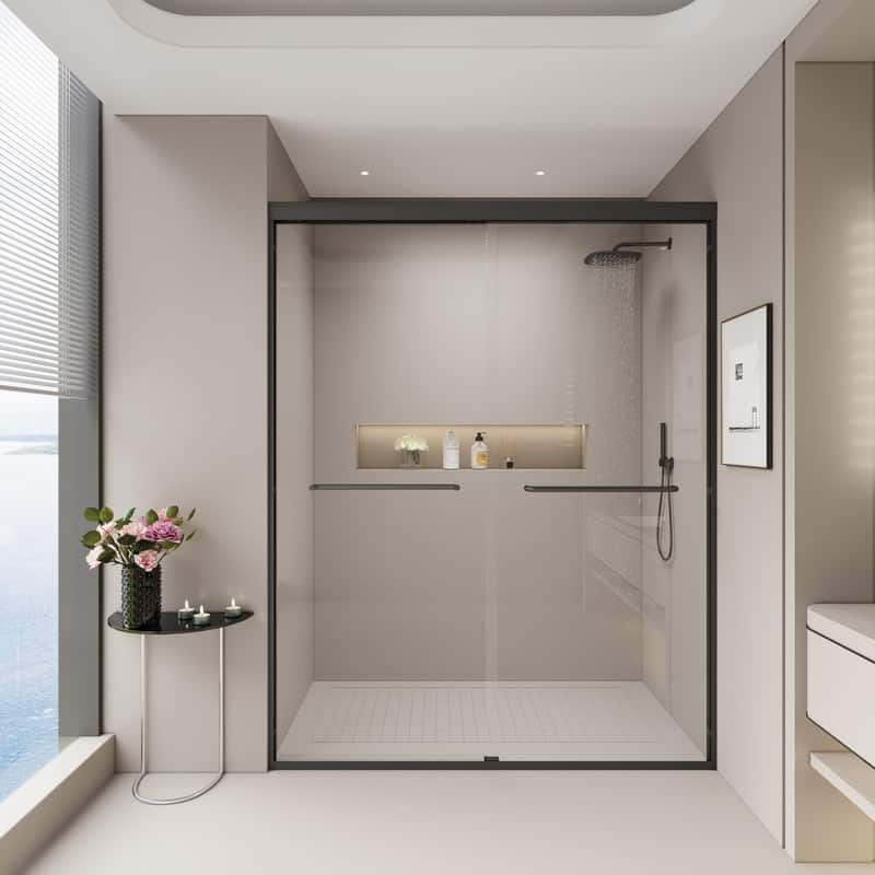 ABRUZZO 56-60" W x 72" H Semi-Frameless Double Sliding Tempered Glass Shower Door with Dual Towel Bars