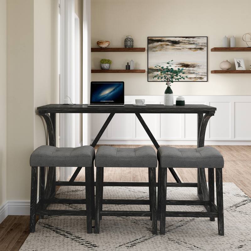 Bar Table Set with Power Outlet, Bar Table and Chairs Set, 4 Piece Dining Table Set, Industrial Breakfast Table Set