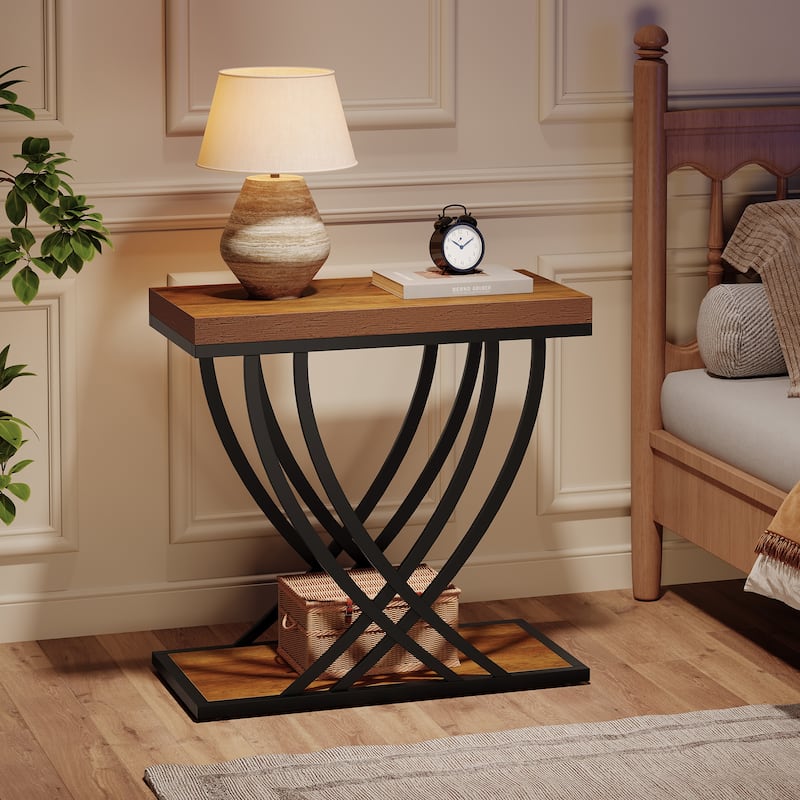 Industrial End Table with Storage, Narrow Small Side Table with Metal Frame