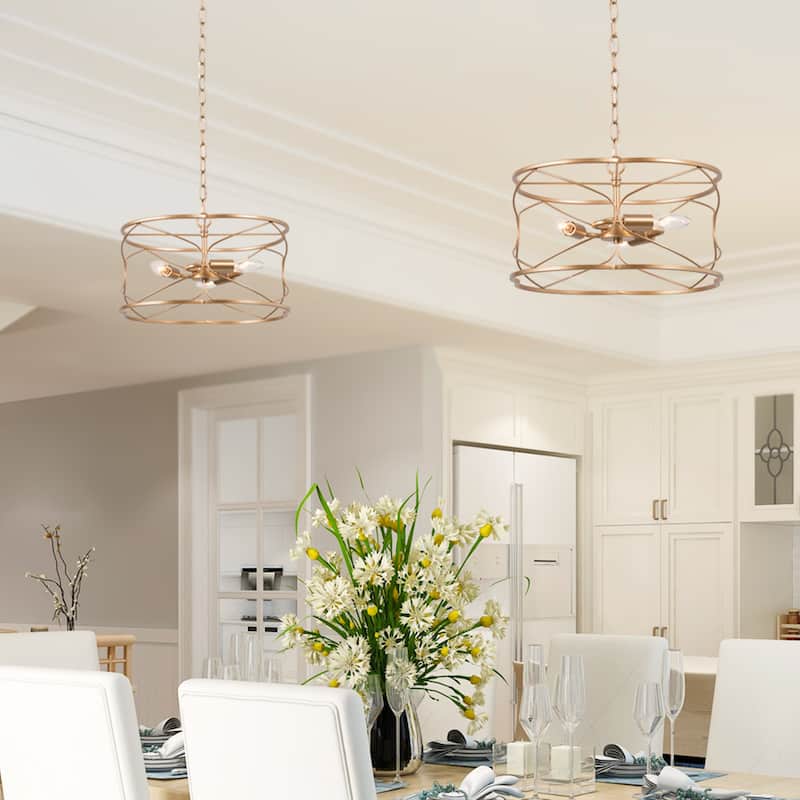 Flot Mid-century Modern 3-light Drum Chandelier Ceiling Lights Cage Kitchen Island Pendant Lamp - D 15.5'' x H 69.5''