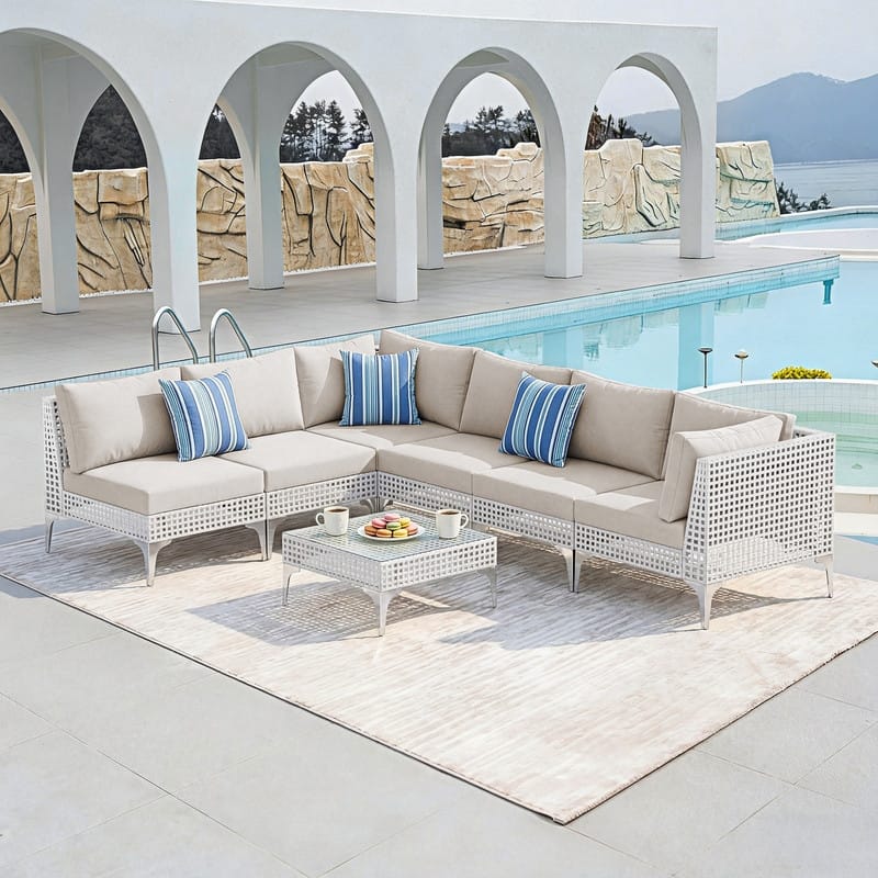 FINCATI Modern Patio Furniture Set with Table, Outdoor Wicker Sectional Seating Group With Cushions - 7 PCS-Beige