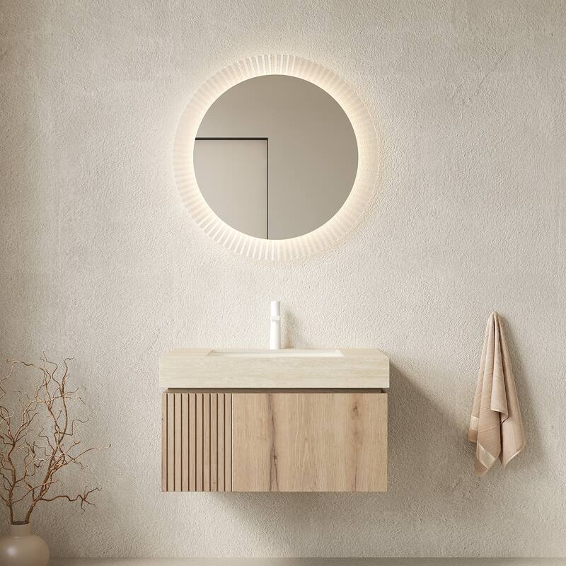 GDFStudio - Muri 30" Floating Bathroom Vanity with Travertine-Pattern Sintered Stone Countertop & Basin, WITHOUT Faucet