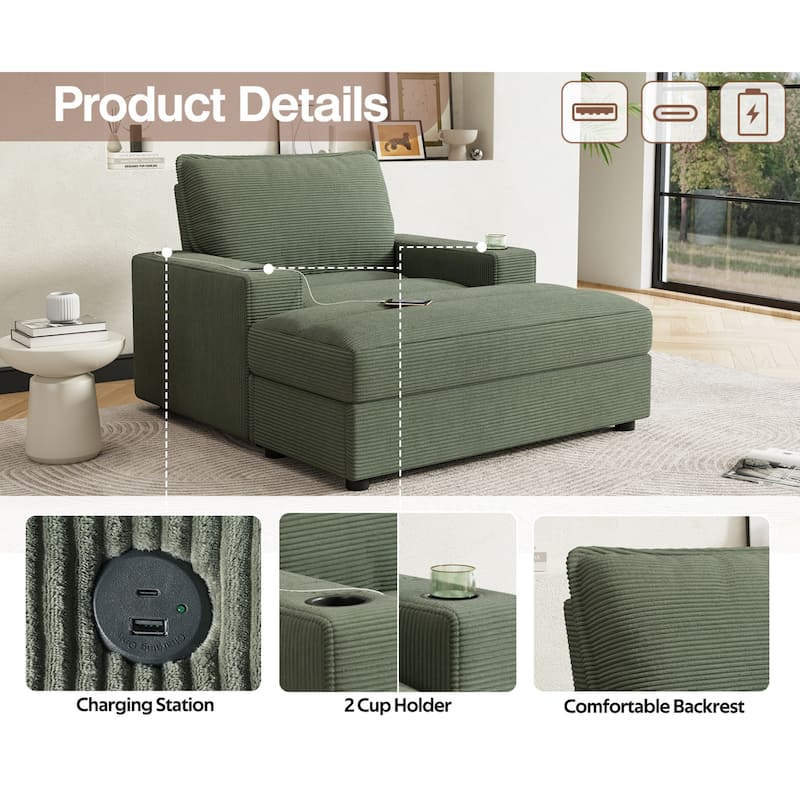 Roomfitters Oversized Chaise Lounge Chair with Storage Ottoman and Built-in USB Charging Port, Corduroy Sleeper Couch