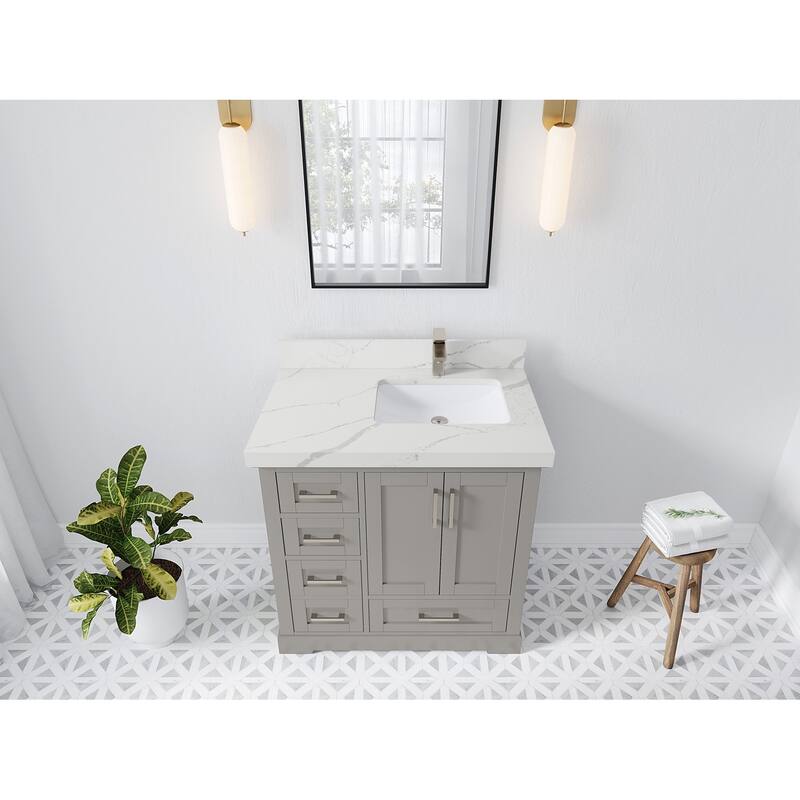 Willow Collections 36 x 22 Boston Right Offset Sink Bathroom Vanity with Quartz or Marble Countertop - 2"Calacatta Laza - Elephant Skin Gray