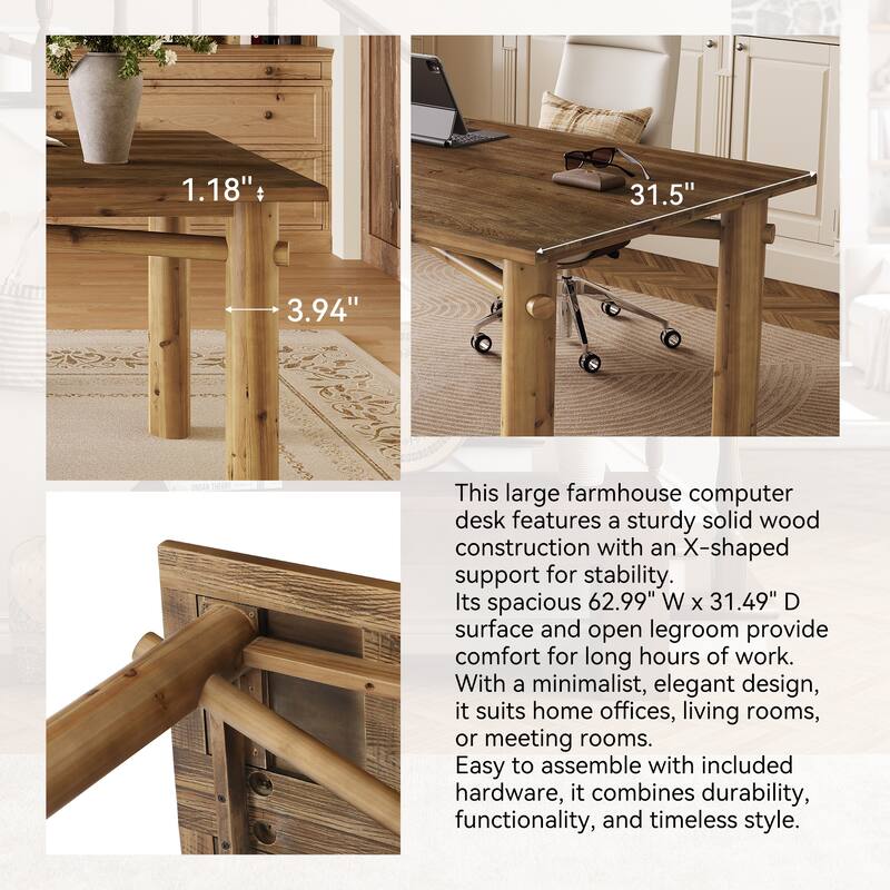 62.99 Inch Solid Wood Home Office Desk