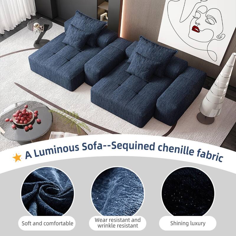Modern Modular Chenille Sectional Sofa with 2 Chaise Lounge and 2 Armrest, 4 Pillows for Living Room