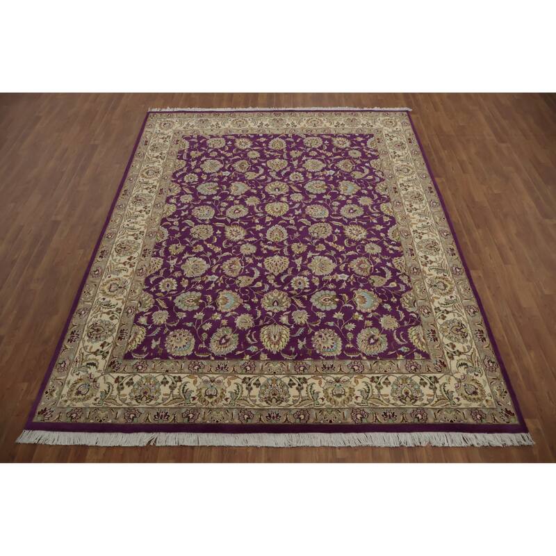 Hand Knotted Oriental Wool & Silk Carpet Traditional All-Over Purples Tabriz Area Rug - 10' 4'' X 8' 1''