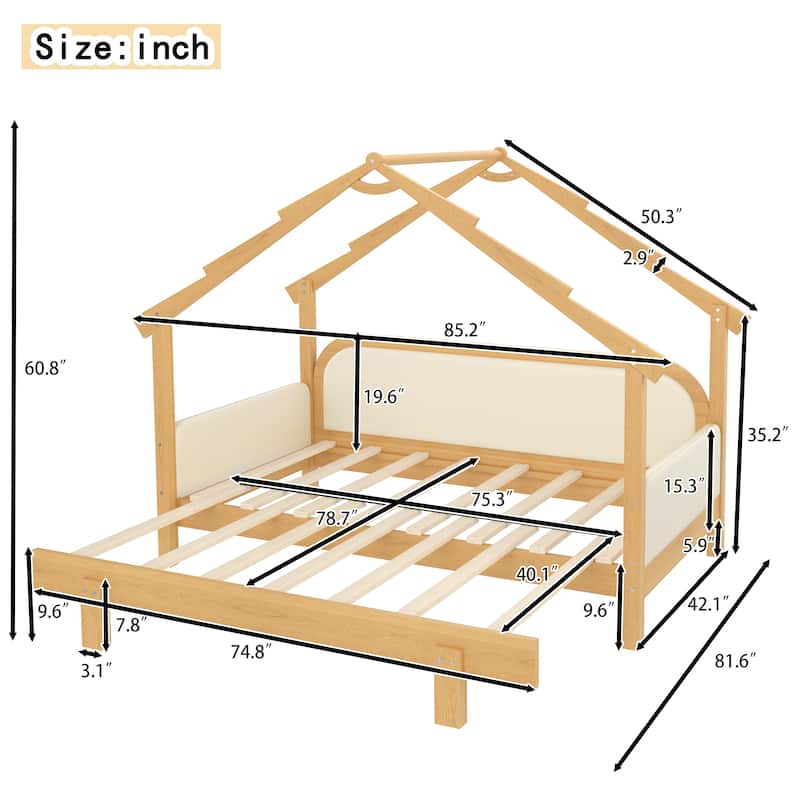 Twin Wood Treehouse Bed with Soft Cushion Rails for Kids & Teens