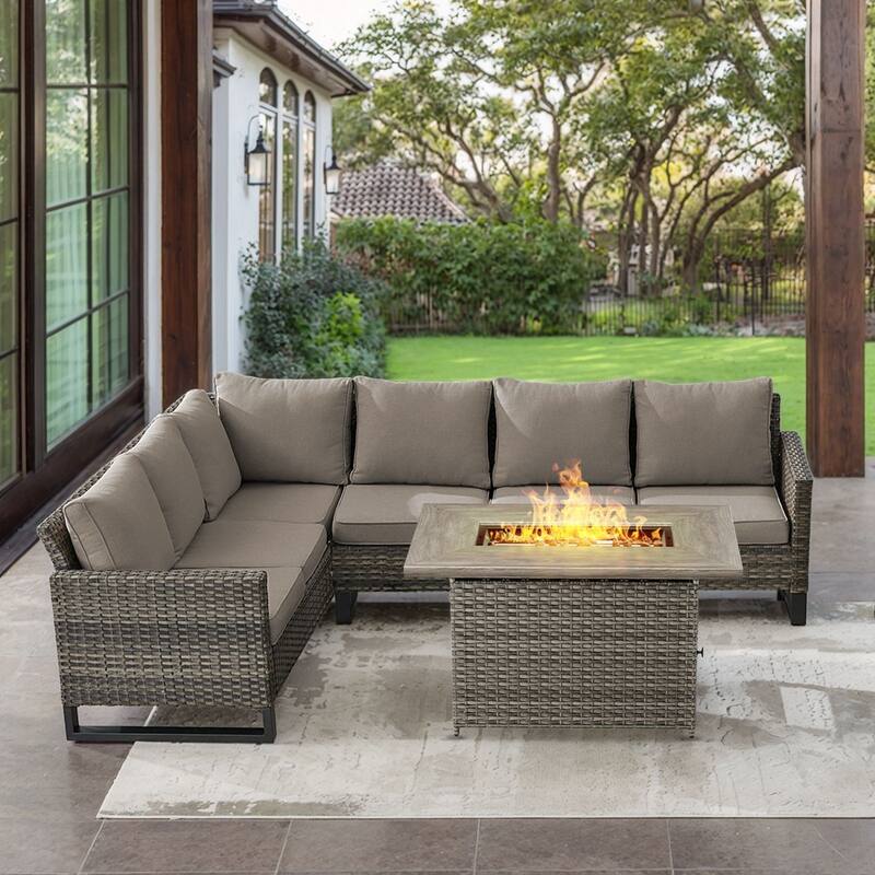 Gymojoy L-Shaped Outdoor Corner Sectional Sofa 6-seats Couch Conversation Set - 2 PCS - Fire Pit - Grey Wicker / Grey Cusion