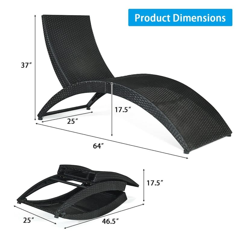 Folding Patio Rattan Portable Lounge Chair Chaise with Cushion - 64'' x 25'' x 37'' (L x W x H)