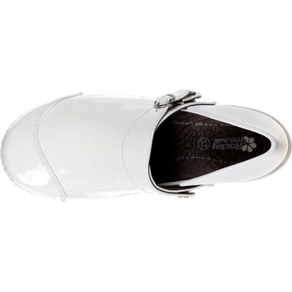 white patent leather clogs