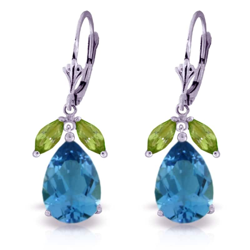 13 Carat 14K Solid Gold Belle Blue Topaz Peridot Gemstone Earrings - White