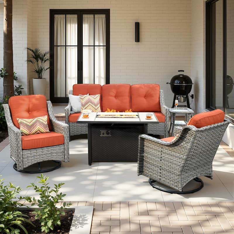 HOOOWOOO 5-piece Wicker Outdoor Furniture Swivel Chairs Set with Fire Pit - Red/Orange
