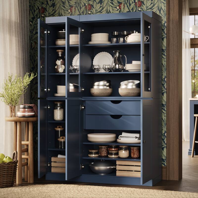 Palace Imports 100% Solid Wood 48.5" Pantry Cabinet with Clear Glass, Shaker Doors, 2-Drawers and Adjustable Shelves - Antique Blue