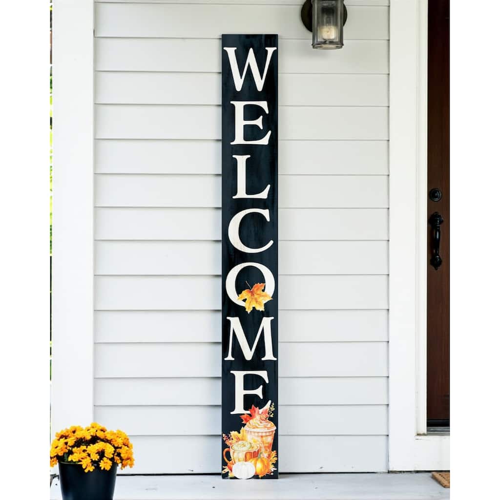 HomeRoots 72" Black Orange And White Solid Wood Welcome Porch Sign