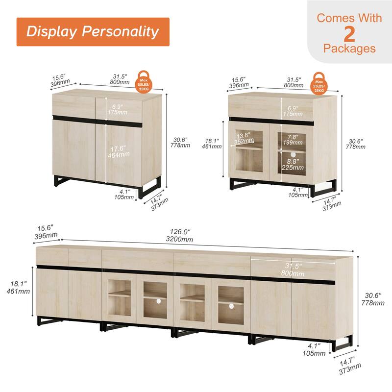 Modern TV Stand for 120" TVs, 4-in-1 Console with Glass Doors & 2 Drawers