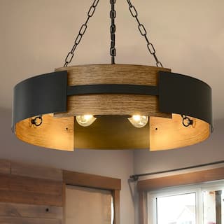 Farmhouse Drum Chandelier Walnut Wood Grain Metal Pendant Light for Dining Room, Foyer, or Entryway