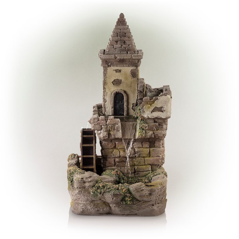 Alpine Corporation USA1368 35" Brown Tower Castle Fountain with Color Changing LED Lights