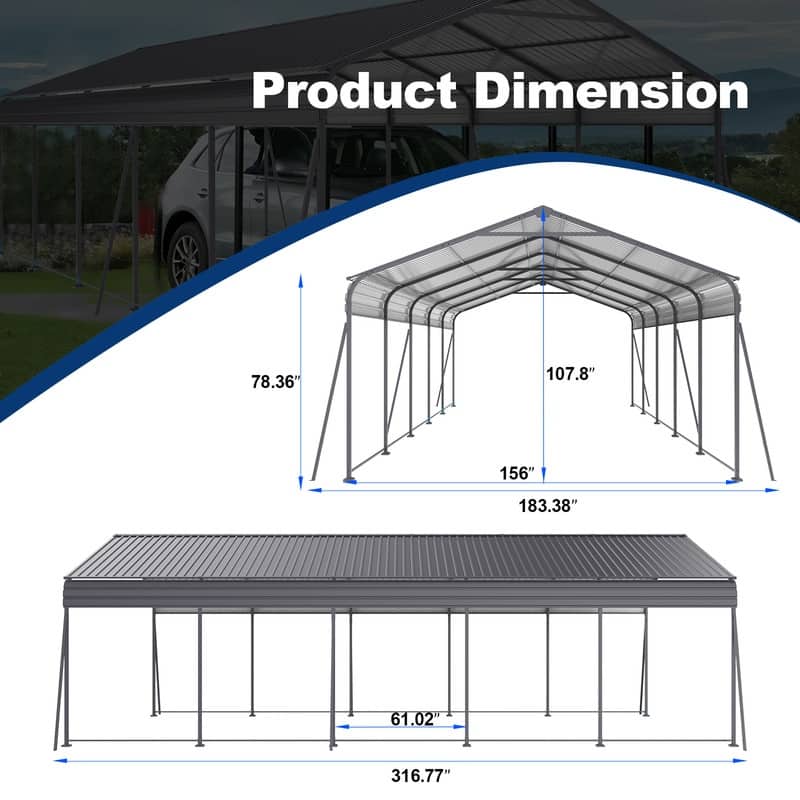 13×26.5 FT Heavy-Duty Metal Carport with Galvanized Steel Roof, Sturdy Garage Canopy Featuring Galvanized Frame.