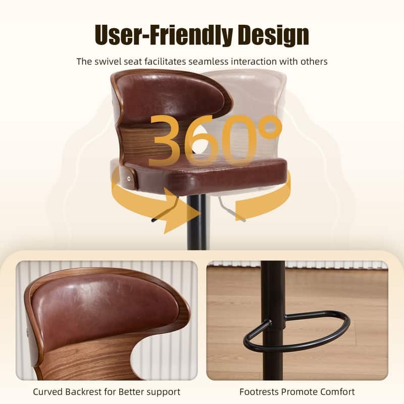 PU Leather Upholstered Curved Backrest 360° Swivel Adjustable Height Bar Stools with Footrest(set of 2)