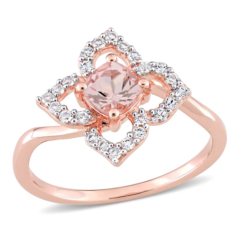Miadora Cushion-cut Morganite and White Topaz Quatrefoil Floral Ring in Rose Plated Sterling Silver