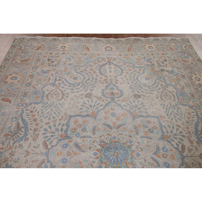 Antique Floral Distressed Tabriz Persian Rug Hand-knotted Wool Carpet - 6'8" x 10'0"