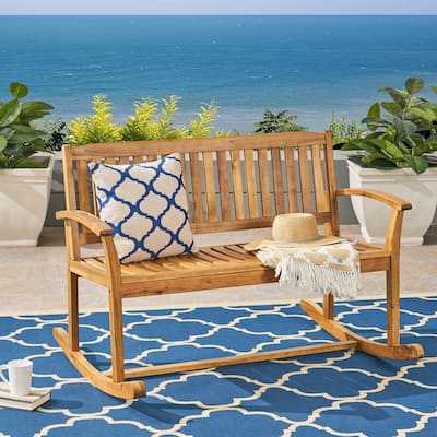 Roomfitters Outdoor Wooden Rocking Loveseat with Slatted Backrest, Wide Armrests and Classic Curved Base