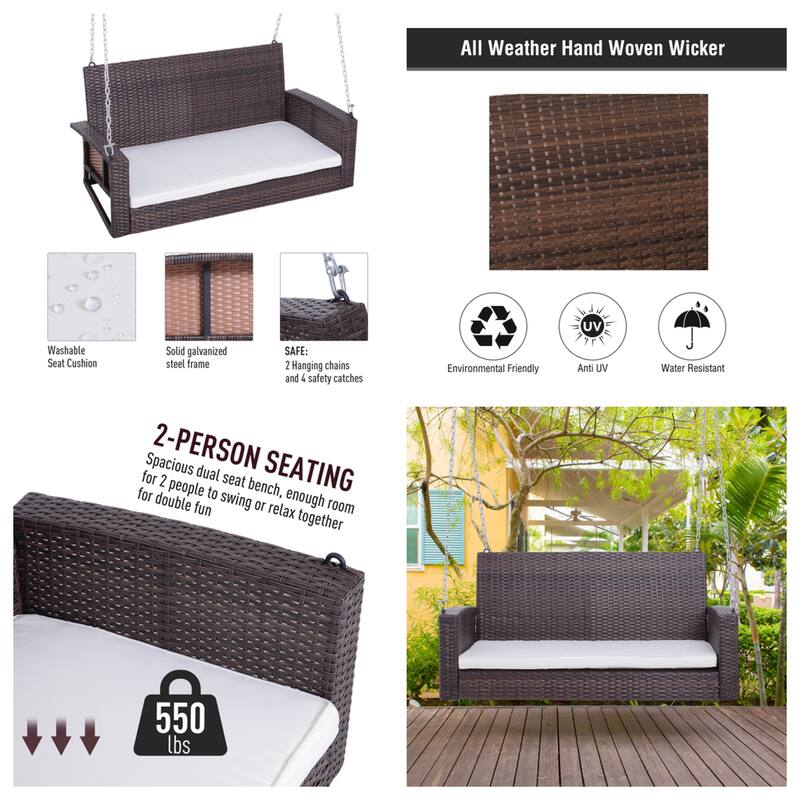 Outdoor Wicker Hanging Swing Bench with Metal Frame,550 lbs Capacity