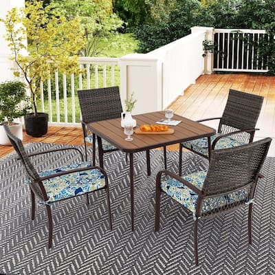 5 PCS Patio Dining Set 4 Cushioned Rattan Armchairs & Square Table