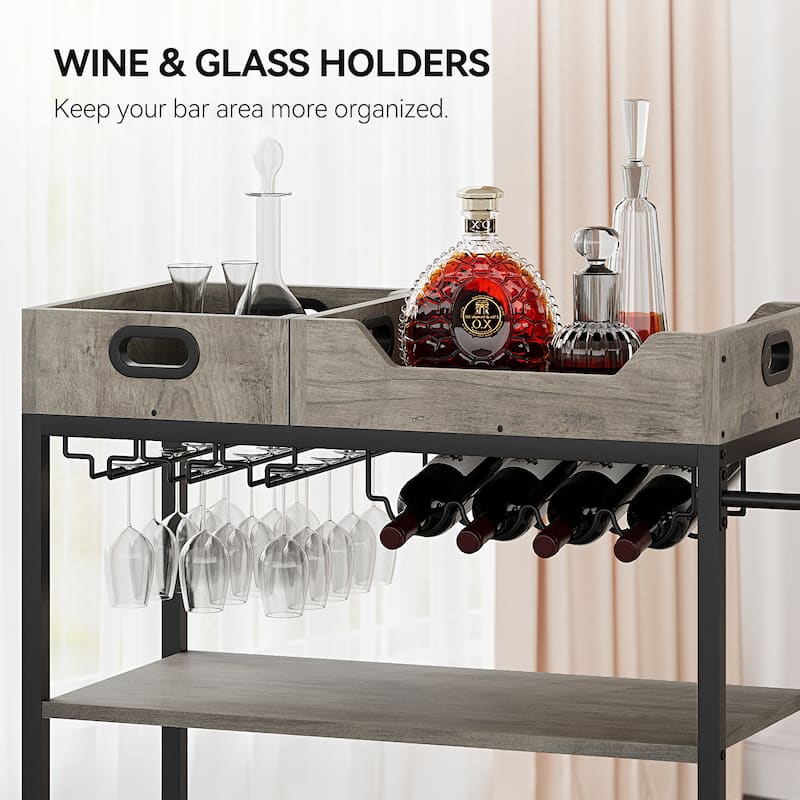 Bar Cart, 3 Tier Bar Carts for The Home,Grey Bar Cart with Wheels, Two Portable Trays, Wine Rack, Glasses Holder