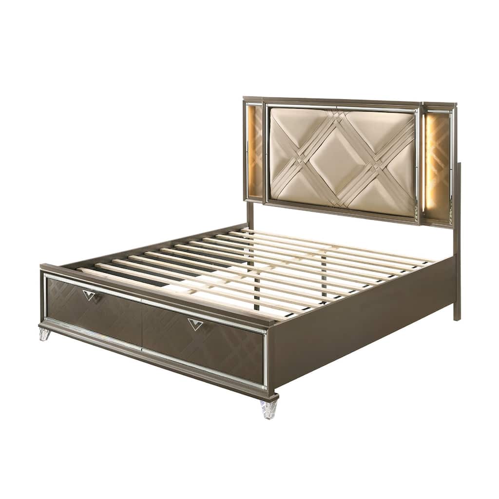 Faux Leather Bed with 2 Drawers in Dark Champagne Finish