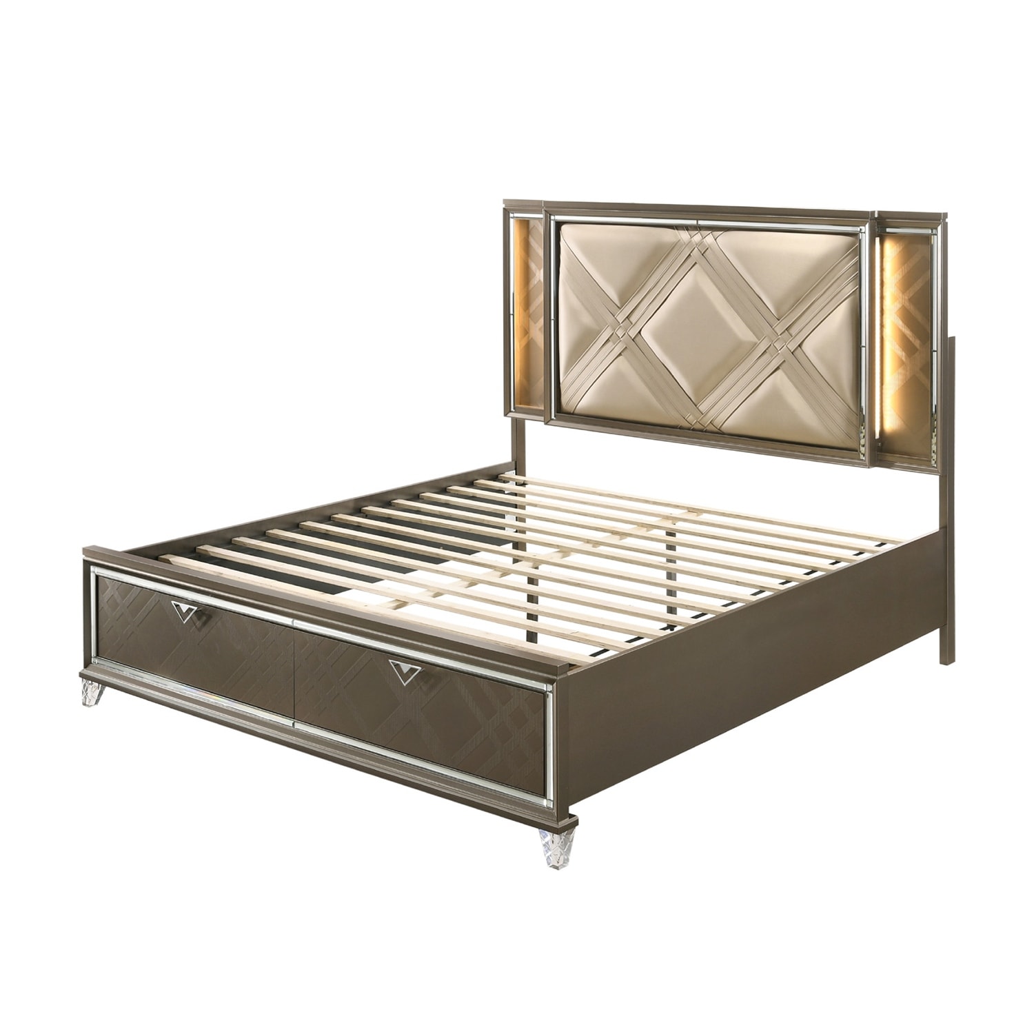 Faux Leather Bed with 2 Drawers in Dark Champagne Finish