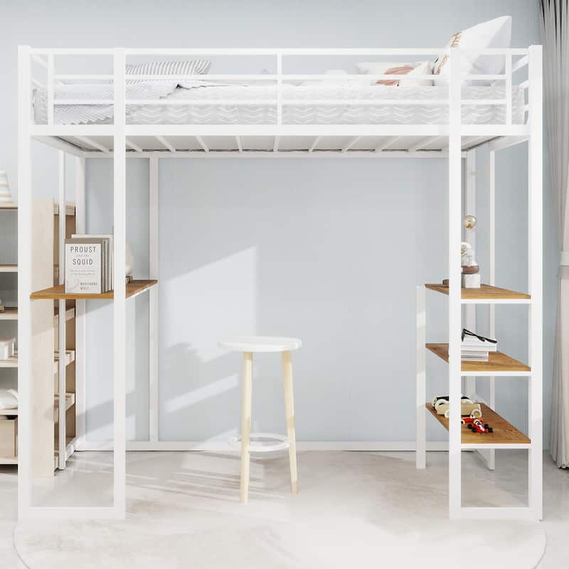 Iron Frame Bed With Bed And Table, With L-Shaped Desk, Iron Frame Bed With Railing And Stairs, With Stairs On Both Side - White