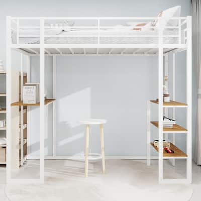 Iron frame bed with bed and table, children's and youth home bed with L-shaped desk, iron frame bed with railing and stairs