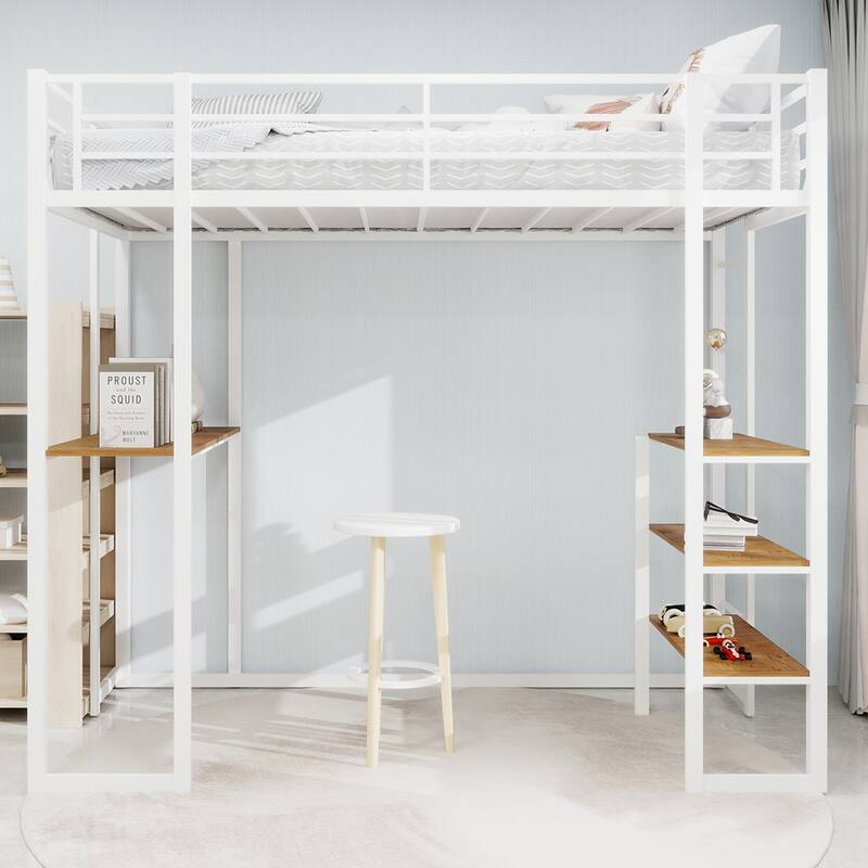 Roomfitters Metal Loft Bed with Built-in L-Shaped Desk & Storage Shelves, Safety Guardrails, Space Saver