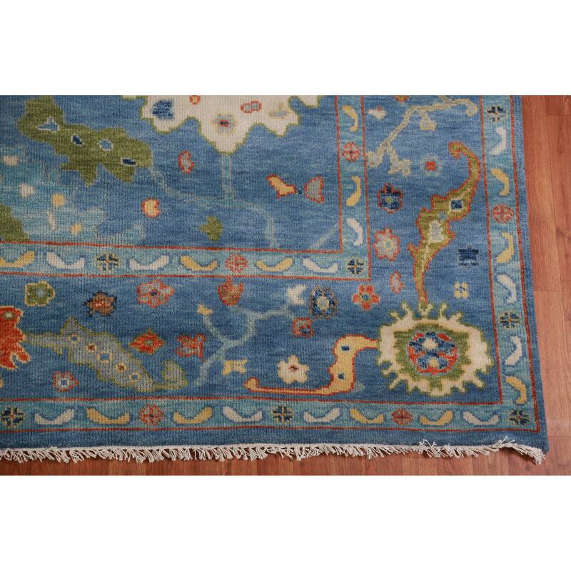 All-Over Blue Oushak Indian Large Rug Hand-Knotted Wool Carpet - 9'1" x 17'9"
