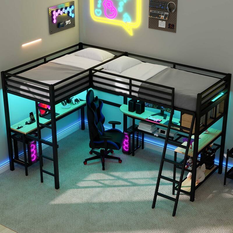 Twin Size L-Shaped Metal Loft Bed with Dual Desks, LED Lighting and Charging Station by Harper&Bright Designs