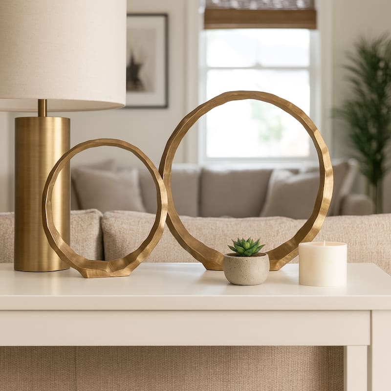 Set of 2 Hammered Metal Decorative Ring Sculptures - Contemporary Abstract Gold Aluminum Ring Statues for Home or Office