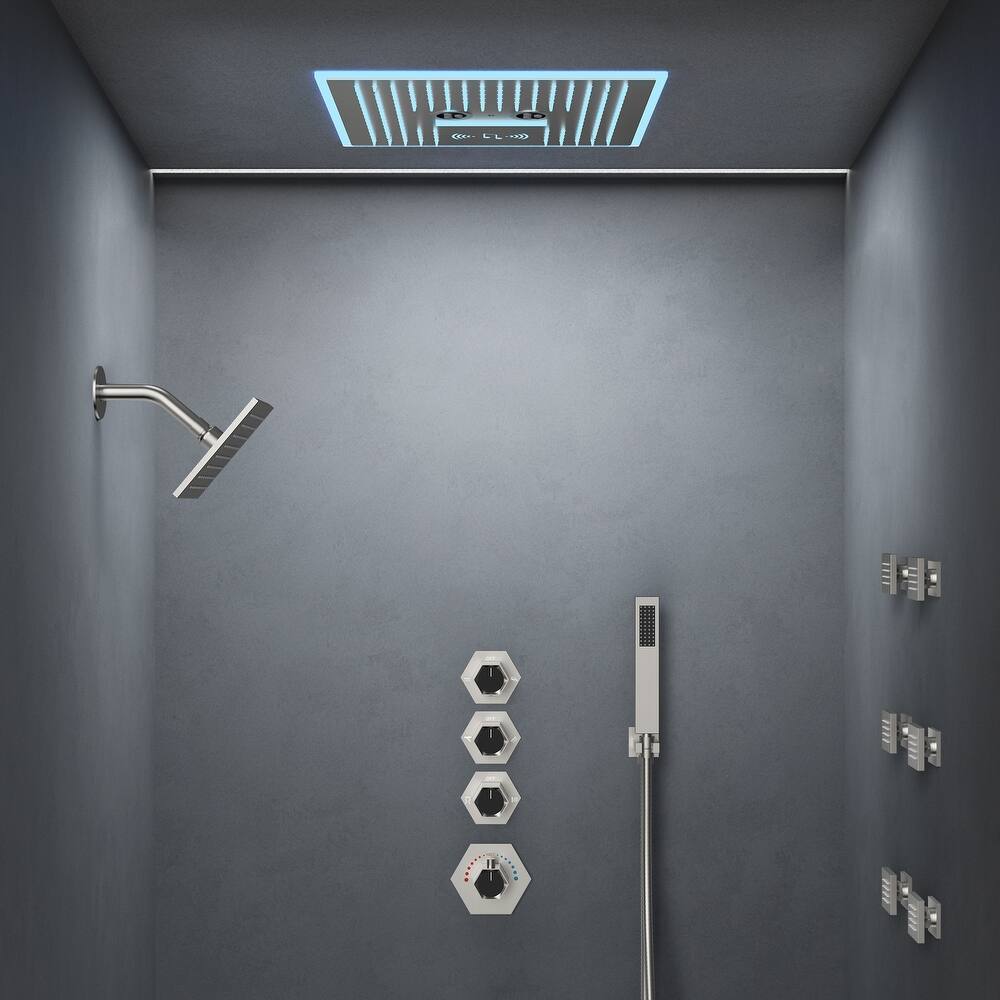 GRANDJOY LED Music Shower System 16" & 6" Dual Shower Heads with 6 Body Jets