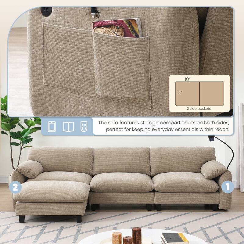 108 Inch Modular Chenille Sectional Sofa with USB and Type-C Ports, Phone Holders, Side Storage Pockets, Movable Ottoman