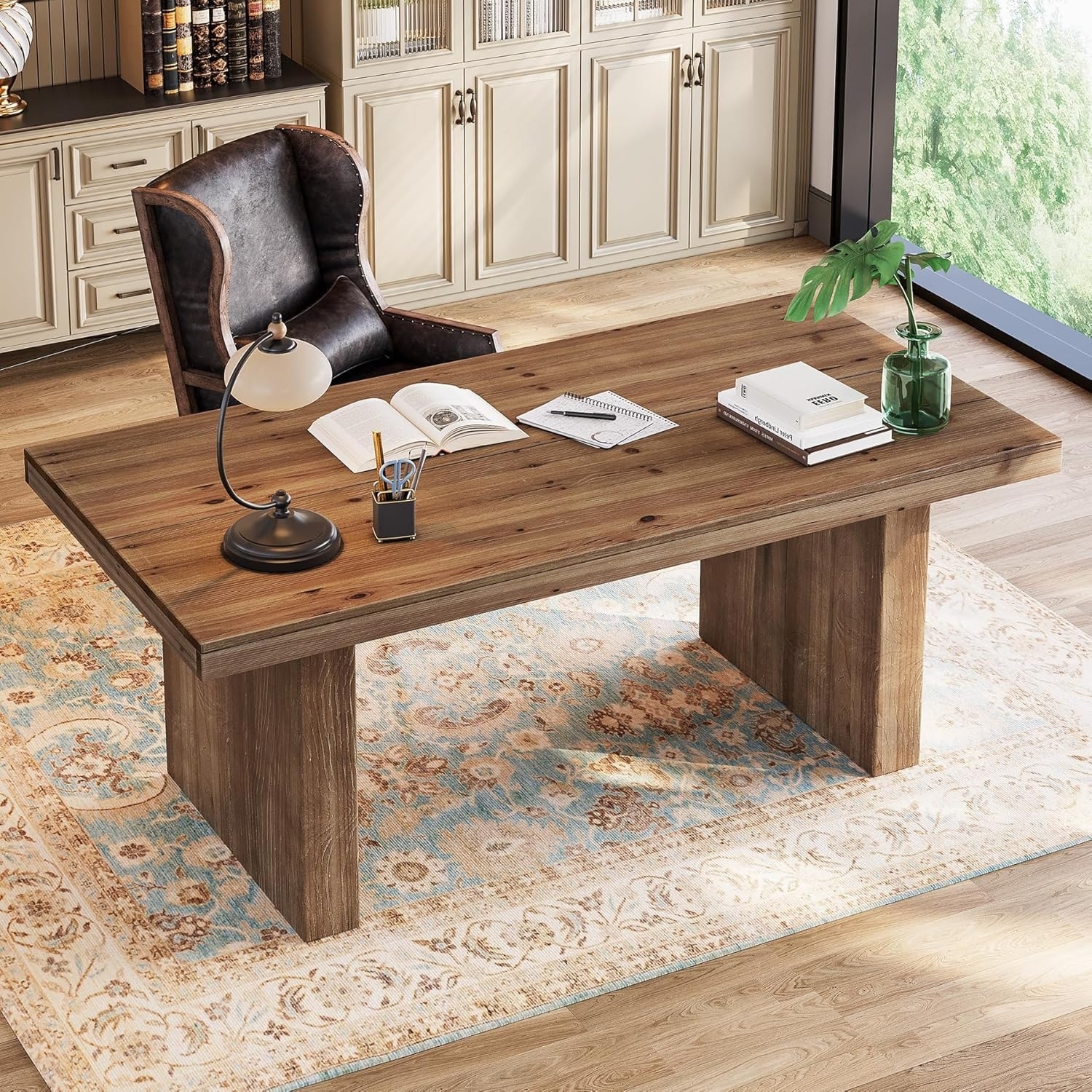 63" Solid Wood Home Office Desk, Study Large Executive Computer Desk with Sturdy Wooden Legs
